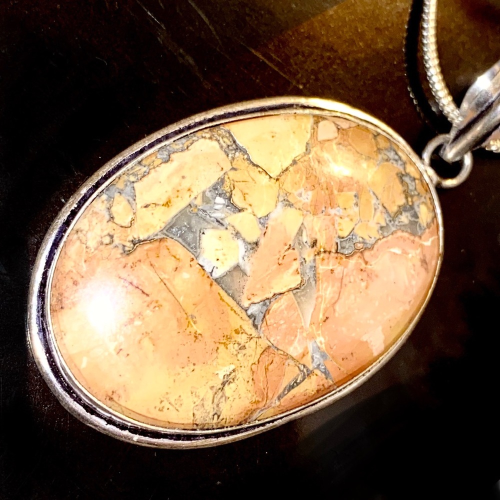 Yellow/Ivory and Tan Mosaic Style Stone Pendant Set in Silver Setting